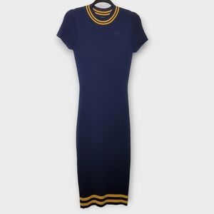 AGAIN x Revolve Parker Ribbed Midi Bodycon Dress XS Navy Gold Ringer